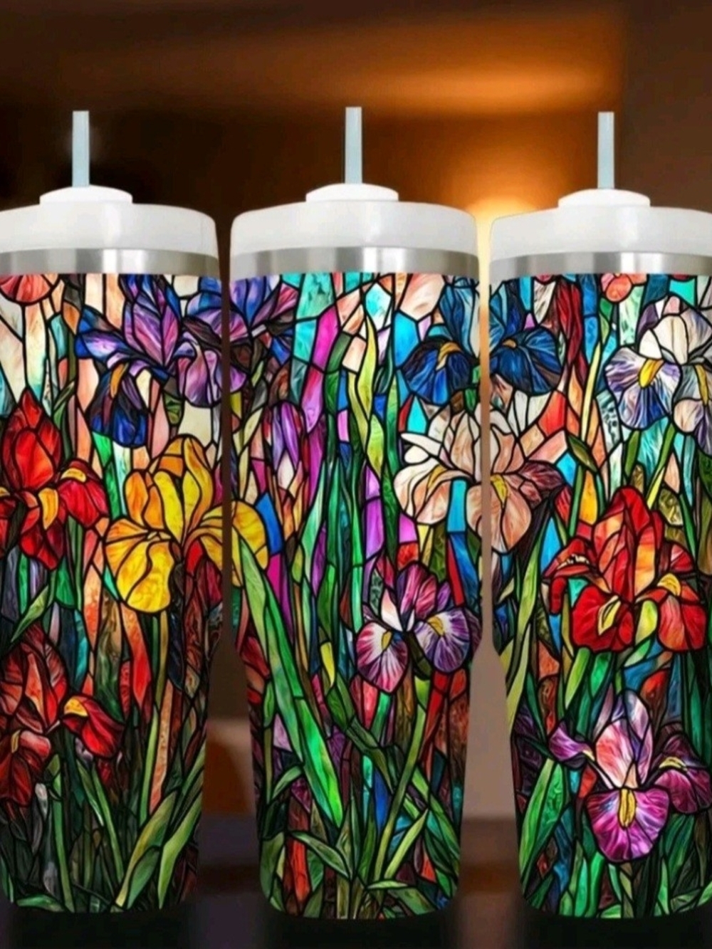 30 Oz. Stained Glass Look Floral Stainless Steel Tumbler "Fields Of Lillies"